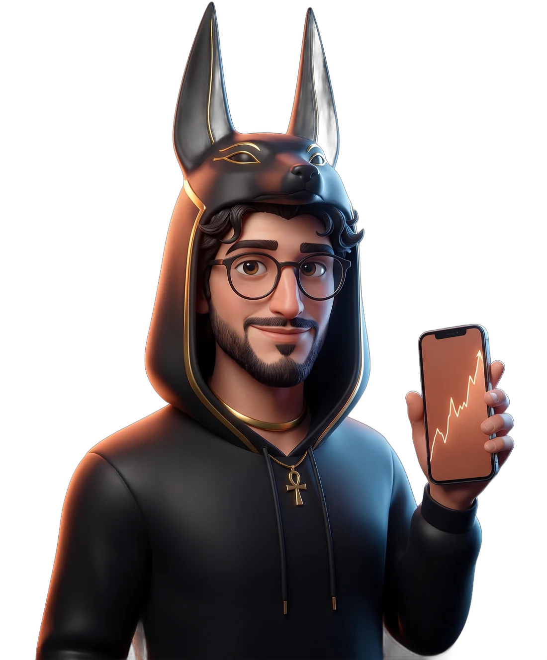 Персонаж aianubis в капюшоне Анубиса показывает телефон с растущим графиком
